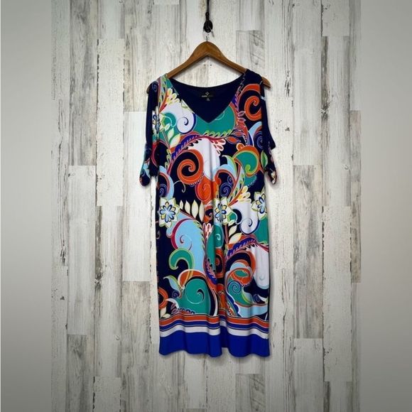 Ronni Nicole Women's Abstract Paisley Cold Shoulder Dress Blue Orange Size 12 - Picture 1 of 16
